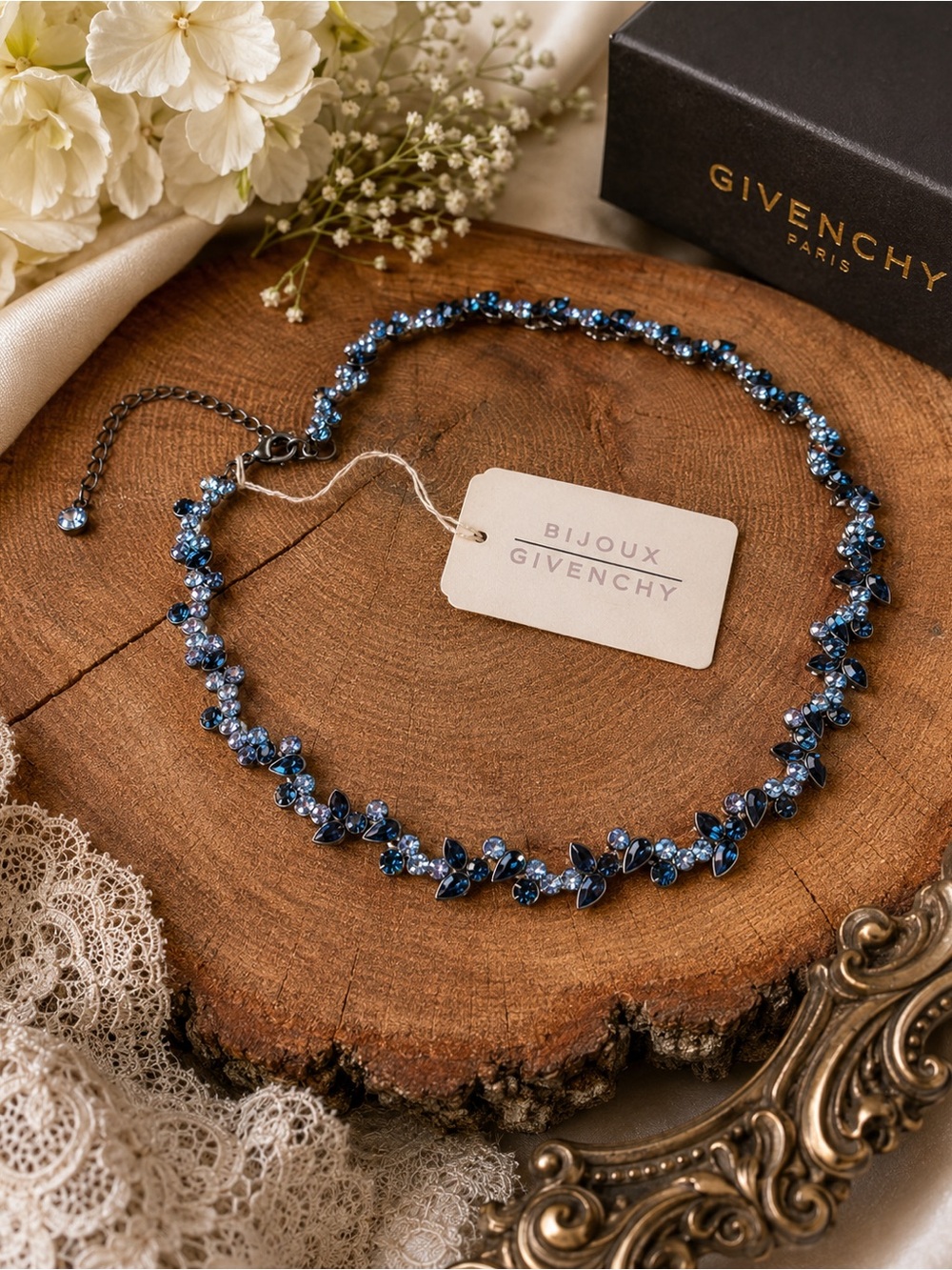 NOS Vintage GIVENCHY Bijoux Blue Crystal Necklace 20” Designer Statement